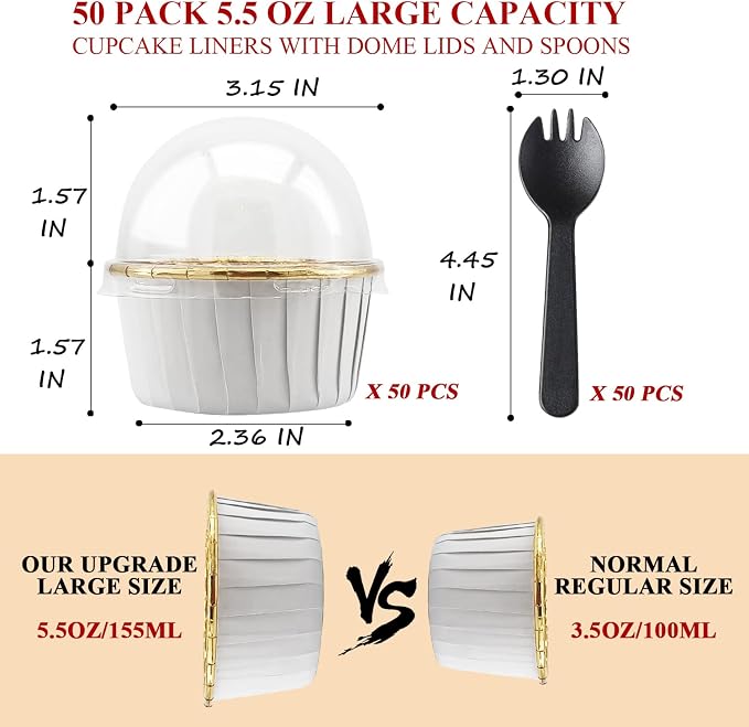 50 Pack Jumbo Cupcake Cups with Lids,LNYZQUS 5oz Foil Cupcake Muffin Liners,Disposable Ramekins Pans Muffin Tins,Large Baking Cups Cupcake Wrappers Holders -White in gold - Image 3
