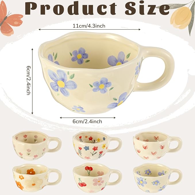 Maxdot 6 Pcs 12oz Ceramic Coffee Mugs Sets Glazing Process Cappuccino Mug Floral Ceramic Tea Cups Idea Gift Set for Women Porcelain Cup for Coffee, Cocoa, Tea, Latte (Retro) (Cute) - Image 2