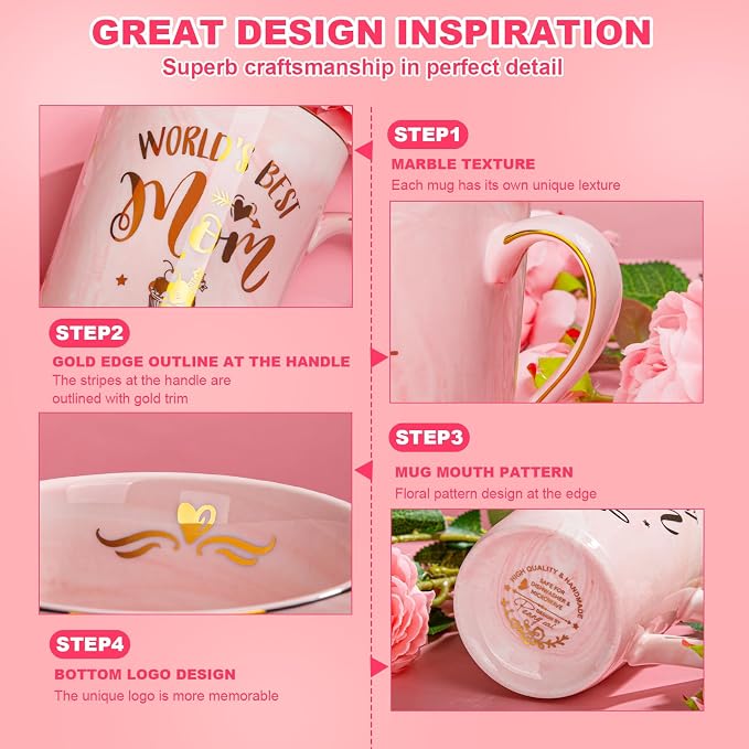 Birthday Gifts for Mom from Daughter Son Kids - Funny Birthday Gift Ideas for Mothers Wife Women - 14Oz Marble Ceramic Best Mom Coffee Mug with Lid Spoon Card, Box, Unique Moms Cup Gifts-Boxed Set | Unique Mom gifts Pink Marble Ceramic Cup With Lid Spo... - Image 5