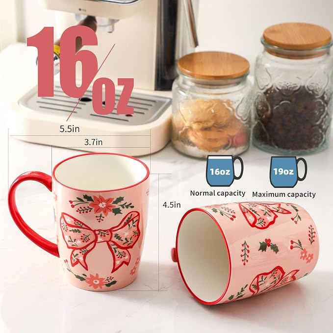 HASENSE Coffee Mugs Set of 4,16oz Ceramic Cups with Handle for Kitchen,Pink Bow Valentine's Day Latte Mugs for Hot Cocoa,Tea,Milk & Latte,Large Festive Stylish Mug Gift,Microwave and Dishwasher Safe - Image 2