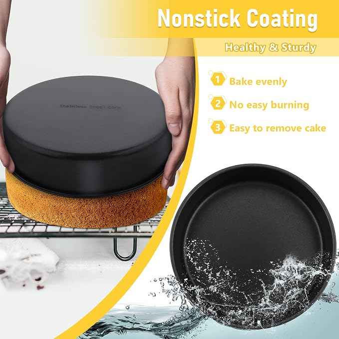 E-far 3-Piece Cake Pan(4/6/8 Inch), Nonstick Stainless Steel Round Baking Cake Pans, Metal Cake Mold Tins for Birthday/Wedding, Stainless Steel Core & Non-toxic Coating, Straight Side & 2 Inch Deep - Image 3