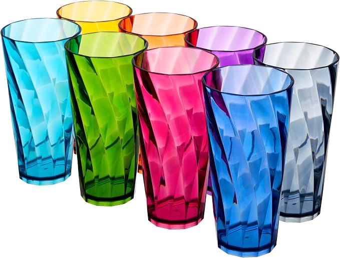US Acrylic Optix Plastic Reusable Drinking Glasses (Set of 8) 26oz Iced-Tea Cups in Jewel Tone Colors | BPA-Free Tumblers, Made in USA | Top-Rack Dishwasher Safe by USAcrylic