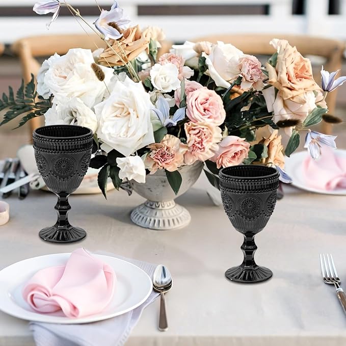 Black Vintage Wine Glasses Set of 6, 10 Ounces Colored Glass Water Goblets, Unique Floral Embossed Pattern High Clear Stemmed Glassware Wedding Party Bar Drinking Cups Fancy Glasses Hand Wash Only - Image 3