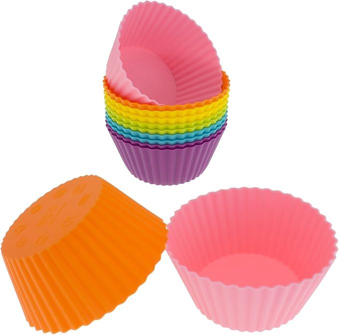Freshware 12-Pack Silicone Jumbo Round Reusable Cupcake and Muffin Baking Cup, Six Vibrant Colors