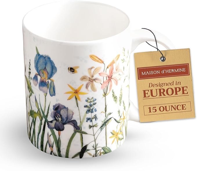 Maison d' Hermine Coffee Mug with Handles Tea Cups (15 Ounce, Pack of 1) | Fine Bone China Coffee Mugs for Hot Beverages Cappuccino Latte Home Restaurant Hotel Spring Summer -Fleurs De Mai - Floral by MaisondHermine