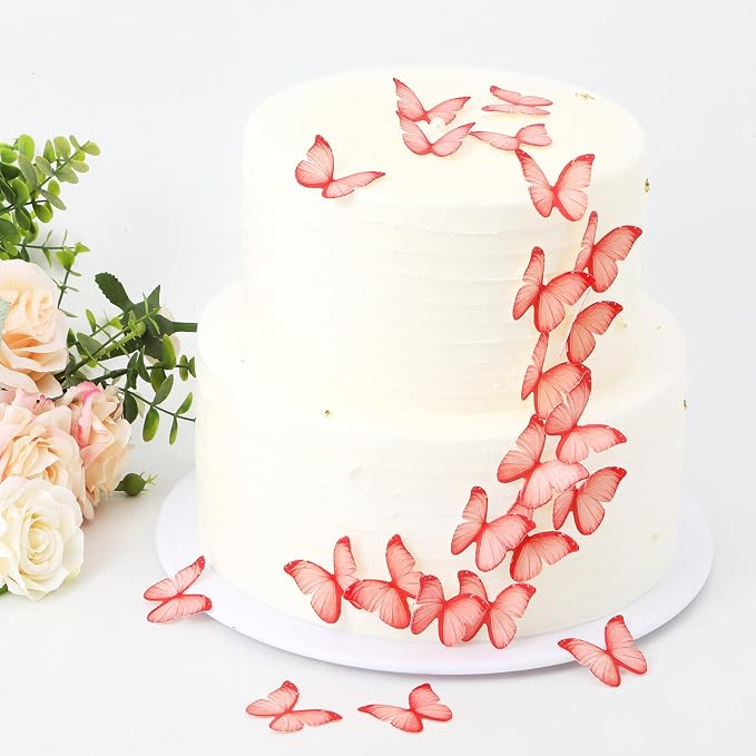 48PCS Wafer Paper Butterfly Cake Toppers YOcity Edible Butterflies for Cake Decorations Red Butterfly Cupcake Toppers for Birthday Party Wedding Food Decorations (Red) by YOcity