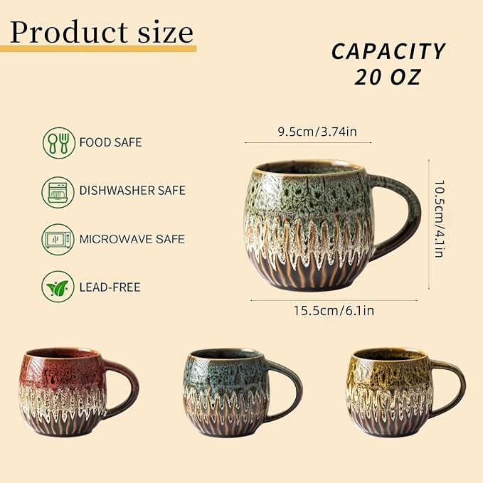Large Ceramic Coffee Mug - 20oz Big Tea Cup,Green, Set of 4 | Large Tea Mug, Microwave Safe, Dishwasher Safe - Image 2