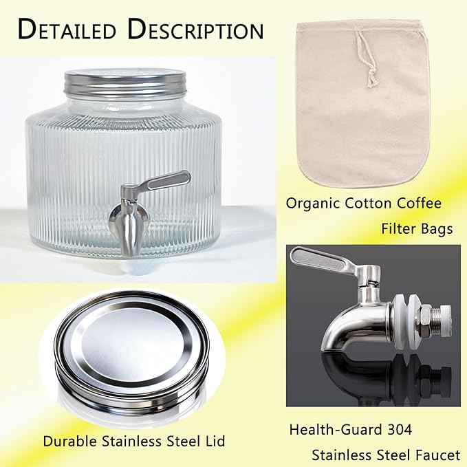 Large 2.5L Glass Beverage Dispenser Cold Brew coffee Iced Tea Lemonade Maker and Laundry Detergent Dispenser Leak-Proof Mason Jar Design with Stainless Steel Spigot and Reusable Filter Bag