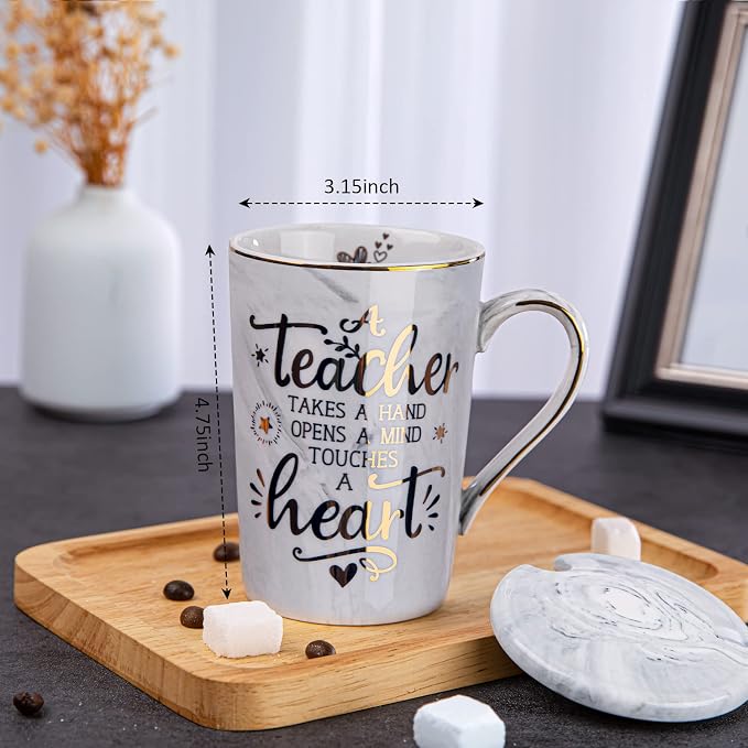 Best Teacher Appreciation Gift for Women Men, 14oz Grey Mug with Gold Print | A Teacher Takes A Hand Opens A Mind Touches A Heart - Funny Valentines Graduation Retirement Gifts, with Card, Nice Gift Box - Image 2
