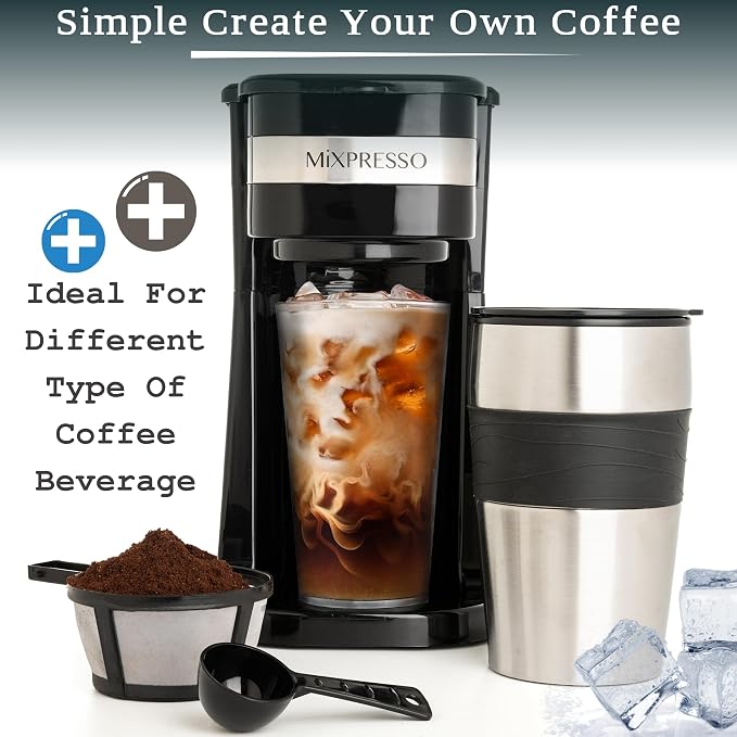 Mixpresso Single Serve & Single Cup Coffee Maker with 14oz Travel Mug Black | For ground coffee only, reusable filter, auto shut off. Compact personal drip coffee maker, not compatible with K-Cup pods. - Image 2