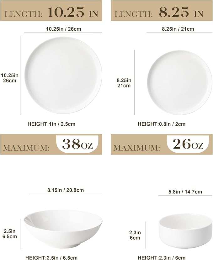 MALACASA 24 Pcs Porcelain Plates and Bowls Sets,Dinnerware Set for 6,White | Modern Ceramic Dishware,Kitchen Dining Ware,Microwave and Dishwasher Safe,Simple Solid White Design,Series LUNA - Image 2
