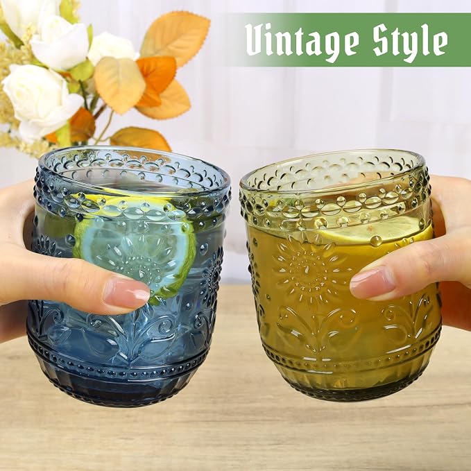 Topsky Vintage Drinking Glass Set of 6,12 oz Embossed Floral Decorative Glassware Set,Glass Cups Wine Glasses Beverages Tumblers Colored Glassware for Whisky,Beer,Juice,Cocktail,Heavy Duty - Image 2