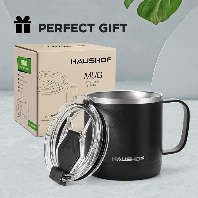 HAUSHOF 14 oz Coffee Mug, Insulated Coffee Mug with Handle, Travel Camping Cup, Portable Stainless Steel Coffee Cup, Insulated Coffee Cups with Lid, Black - Image 7