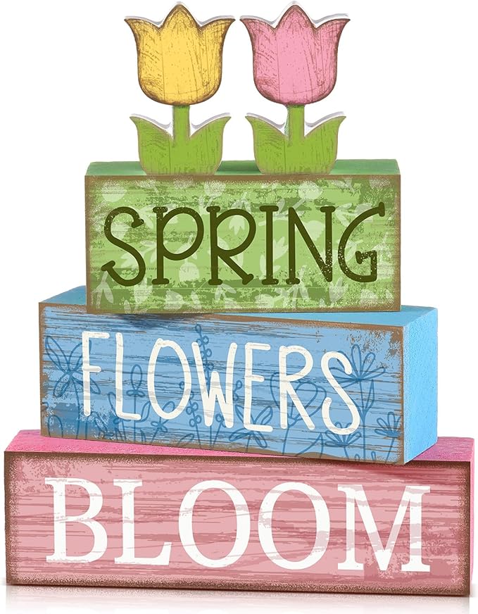 Moucuny 4 Pcs Spring Table Decor Wooden Tulip Spring Tiered Tray Decor Flowers Table Centerpiece Decorative Colorful Tulip Block Signs Gift Farmhouse Flowers Decoration for Home Kitchen Shelf by Moucuny