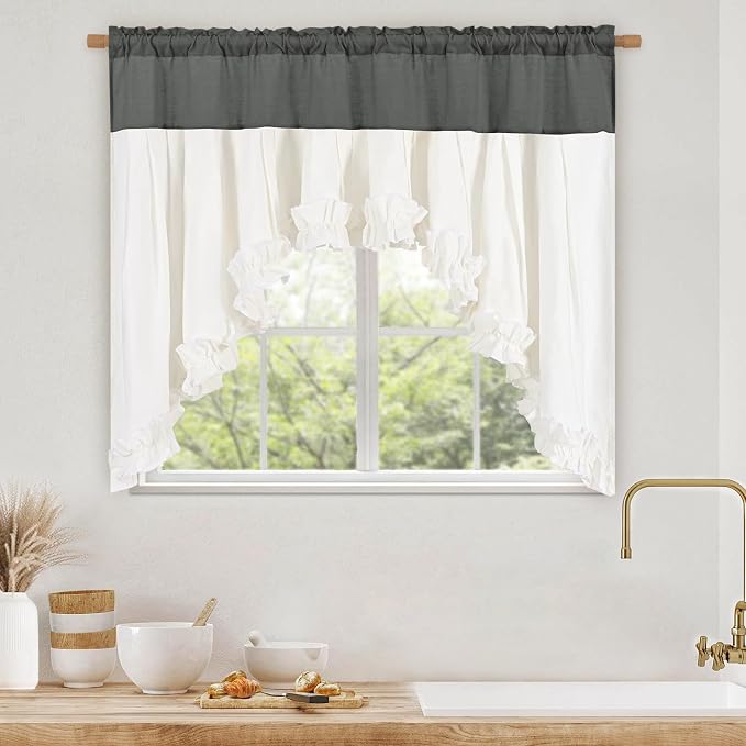 Likiyol Linen Valances for Windows Farmhouse Ruffle Swag Valance Rustic Country Window Valances Light Filtering Kitchen Curtains Rod Pocket Valance Curtains for Bathroom Cafe, Grey White, 60"W x 36"L - Image 2