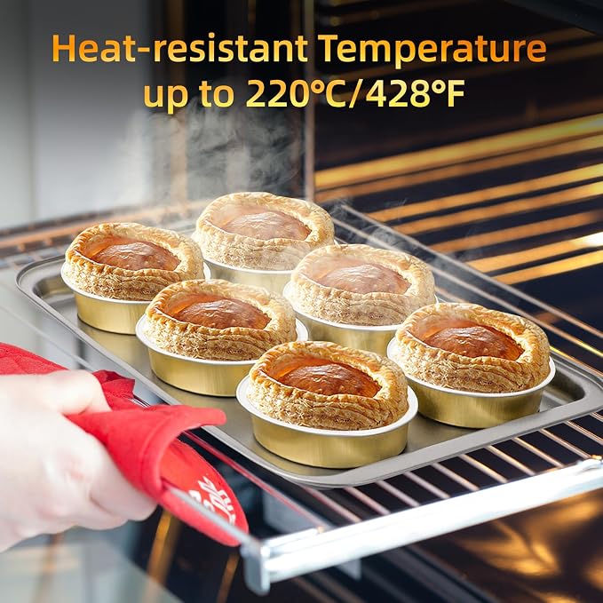 Beasea Mini Pie Tins with Lids, 120 Pack 4 Inch 8oz Disposable Creme Brulee Ramekins Golden Mini Small Aluminum Foil Pie Tart Cake Baking Pans Individual Round Containers Oven Safe for Baking - Image 5