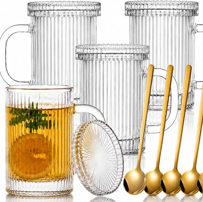 Noamus 4 Pack Glass Coffee Mugs with Lid and Spoon, 13oz Ribbed Vertical Stripes Tea Cup, Classic Clear Drinking Glassware Set for Hot Cold Beverage, Housewarming Christmas Anniversary Birthday Gift by Noamus