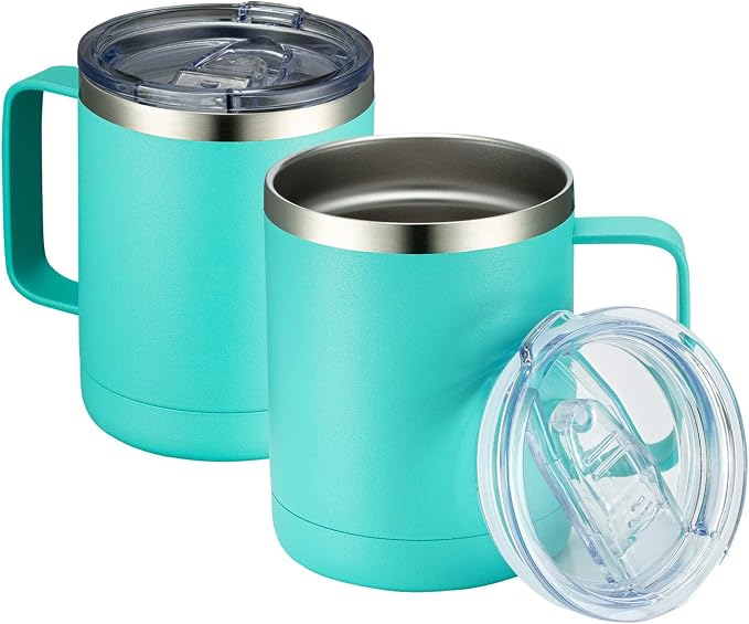 MEWAY 12oz Coffee Mug With Handle 2 Pack Bulk,Stainless Steel Insulated Travel Tumblers With Sliding Lid,Double Wall Vacuum Camping Cup for Hot & Cold Drinks Tea (Light Green,Set of 2) by MEWAY