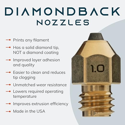 Diamondback Nozzles – MK8 Compatible – Polycrystalline Solid Diamond Tip 3D Printer Nozzles, Improved Extrusion, Any Filament, Long Life, Wear Resistant, Layer Adhesion, USA Made (1.0mm)