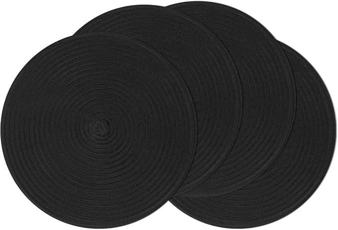 SHACOS Round Braided Placemats Set of 4 Heavy Cotton Polyester Washable Round Table Mats for Dining Tables 15 inch Non Slip Heat Resistant (Black, 4) by SHACOS