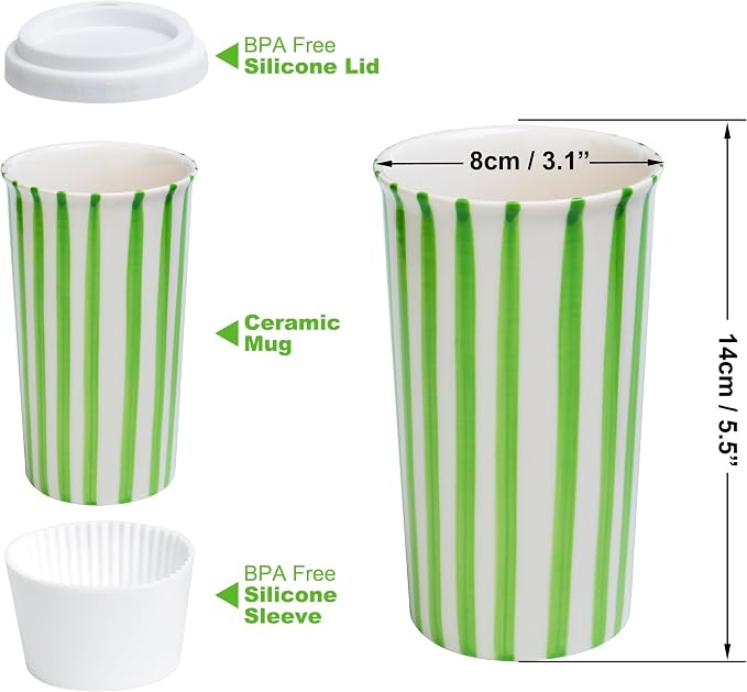 Ceramic Travel Mug with Lid (12 oz) – Aesthetic Coffee Cup, Minimalist Reusable Coffee Mug for Women & Men, Microwave & Dishwasher Safe, Fits Car Cup Holder (Green) - Image 2