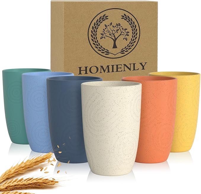 Homienly Plastic Cups Alternatives Unbreakable Drinking Glasses Wheat Straw Cup Sets for Kitchen Camping Party RV Stackable Water Tumblers Dishwasher Freezer & Microwave Safe 6 PCS (12OZ, Multi) by HOMIENLY
