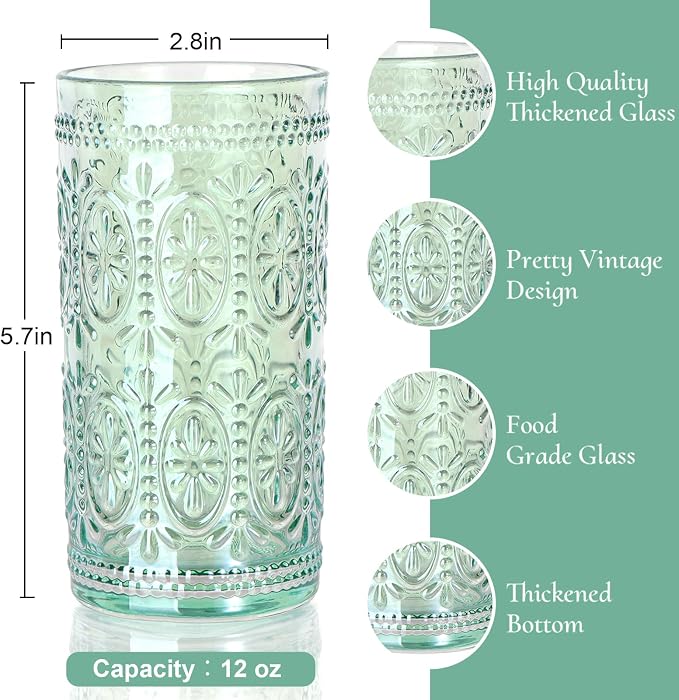 abrwyy Green Drinking Glasses, Vintage Glassware, 12oz Highball Glasses | Lead-Free Glass, Thick&Durable Glass, Home Decoration, Food Grade Glass - Image 2