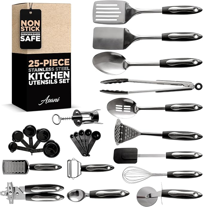 Asani 25-Piece Stainless Steel Kitchen Utensil Set | Non-Stick Cooking Gadgets and Tools Kit | Durable Dishwasher-Safe Cookware Set | Kitchenware Gift Idea, Best New Apartment Essentials by Asani