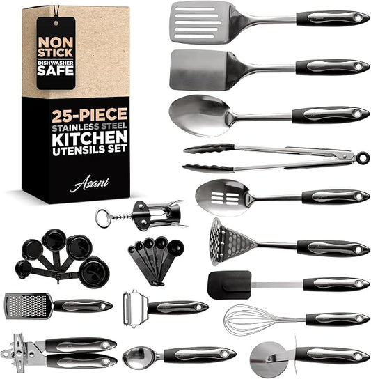 Asani 25-Piece Stainless Steel Kitchen Utensil Set | Non-Stick Cooking Gadgets and Tools Kit | Durable Dishwasher-Safe Cookware Set | Kitchenware Gift Idea, Best New Apartment Essentials by Asani