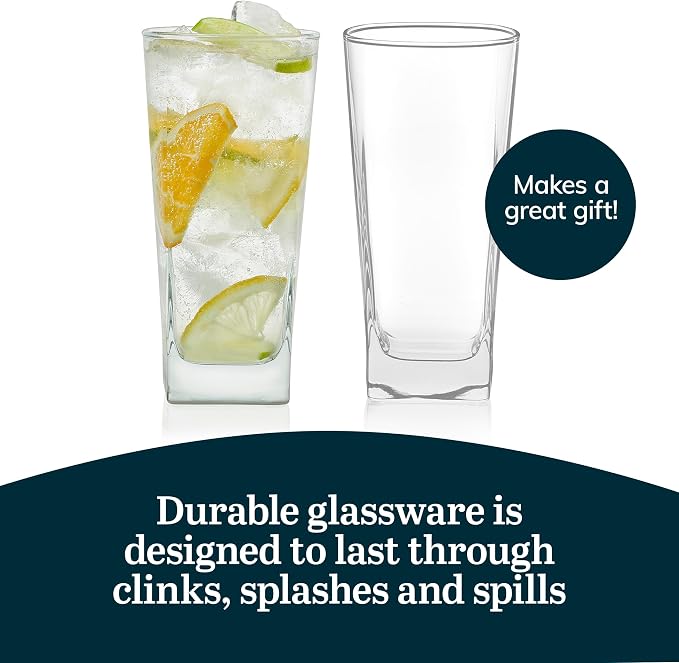 14.3 oz Drinking Glasses Set of 8, Tumblers with Thick Square Base | Crystal Clear Drinking Glasses, Thick Square Base, Everyday Glassware for Water, Juice & Iced Tea, Dishwasher Safe - Image 5