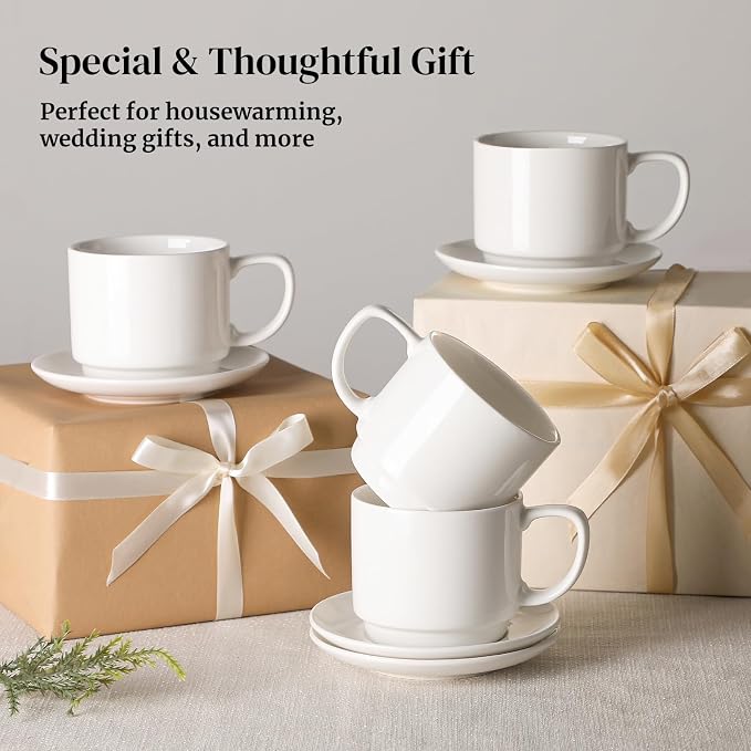 DOWAN 12oz Coffee Mugs, Cappuccino Cup and Saucer Set of 4, White Ceramic Coffee Cups for Latte/Tea/Milk, Tea Cups for Use in Office, Home and Cafes, Microwave Safe - Image 9