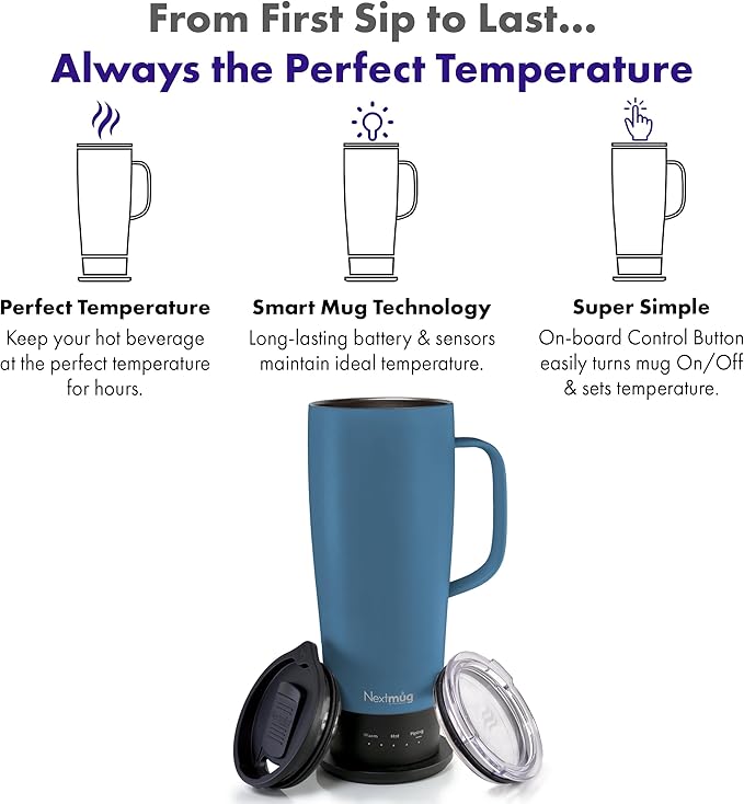 Nextmug Ultra - Temperature-Controlled, Self-Heating Travel Mug | (Slate Blue - 24 oz.) – The Biggest Nextmug, No App, Long-Lasting Battery for Work & Study, Great Gift for Coffee Lovers - Image 2