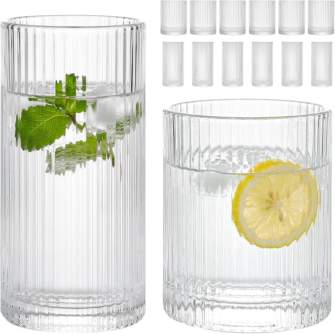 Moretoes Ribbed Drinking Glasses Set of 12,Water Glass Cups | Mixed Glassware Set,6 Highball Glasses 12 Oz, 6 Rocks Glass 13 Oz, Kitchen Bar Tumbler for Wine, Juice, Ice Coffee, Whiskey by Moretoes