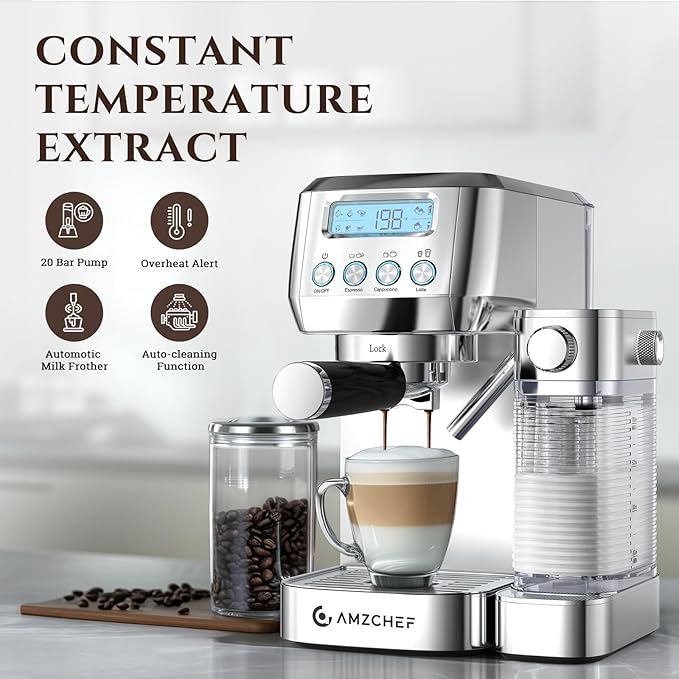 AMZCHEF Espresso Machine with LCD Display, 20 Bar Cappuccino Machines with Upgraded Automatic Milk Frother for Home Gifts, Latte Coffee Maker with Dual Wall & Filters, Sliver