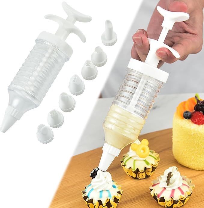 1Pc White Pipe Nozzles with Syringe，8pcs Plastic Cream Baking Piping Nozzle Dispenser Icing Pastry Tips Tube Decoration Tool, for Cupcake and Cake,Decorating Tools