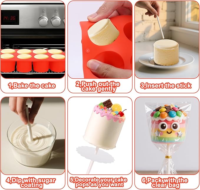 Silicone Cake Pop Molds with 100 Sticks & Parcel Bags, 8 Cavity Reusable Cakesicle Molds for Baking, Lollipops, Ice Cream, DIY Desserts, Cake Pop Maker Kit Easy Release & Dishwasher Safe