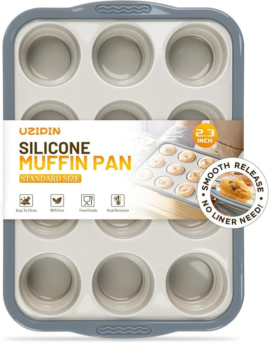 Silicone Muffin Pan, 12 Cups Non-Stick Cupcake Pan, Food-Grade BPA-Free Muffin Tin, Oven-Safe 450 °F, Reinforced Steel Frame, Easy-Grab Handles, Quick-Release 2.3" Baking Molds for Mini Treats by Unknown