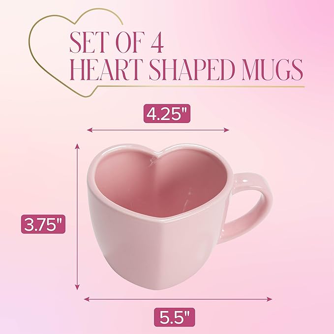 Paris Hilton Heart Shaped Ceramic Mug Set, Chic Stoneware Coffee Mugs for Coffee, Tea, Hot Cocoa, Microwave and Dishwasher Safe, 4-Piece, 14-Ounce, Pink - Image 5