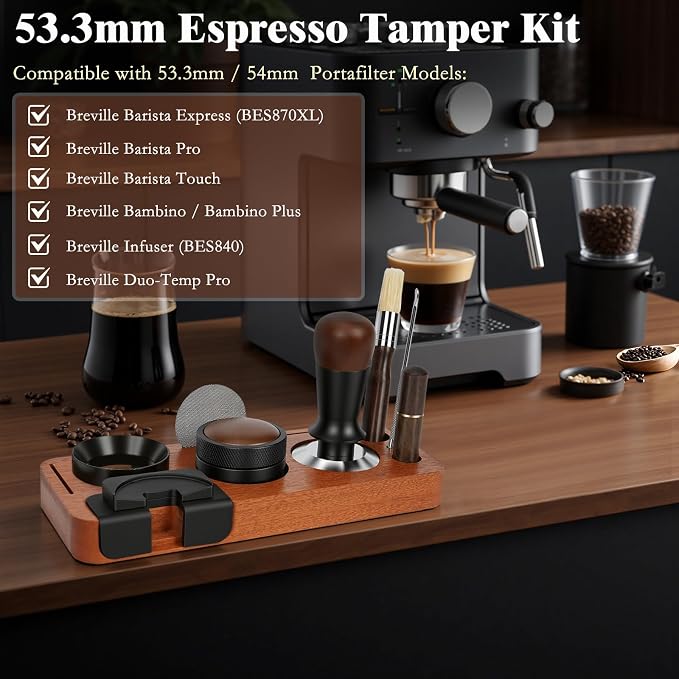 8 PCS Espresso Accessories Kit, 53.3mm Espresso Tamper Kit Coffee Tamper Set with Coffee Distributor, Espresso Tamping Station, Espresso WDT Stirrer,Dosing Funnel, Fits Breville 54 mm Portafilter - Image 2