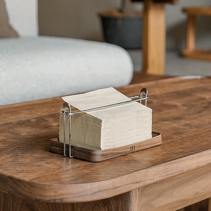 【SNYN】 Black Walnut & Stainless Steel Mechanical Tissue Box (8.66×4.49×3.74") - Auto Push-Down Mechanism, Artisan Hand-Polished & Laser Engraved Design for Modern Home Decor