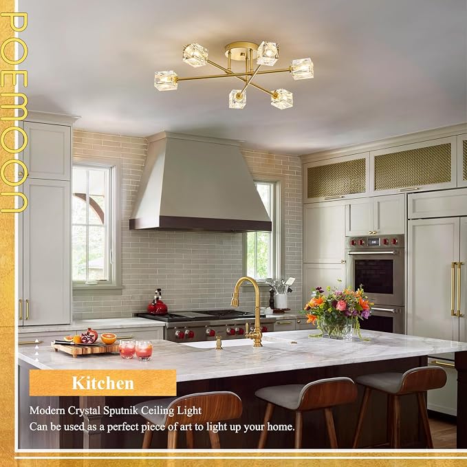 Modern Crystal Semi Flush Mount Ceiling Light Gold Sputnik Chandeliers 6 Lights Industrial 26" Chandelier for Foyer Entryway Kitchen Bedroom Living Room Dining Room - Image 6
