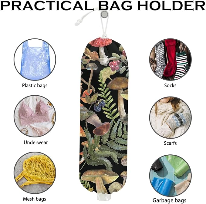 Mushroom Plastic Bag Holder, Wall Mount Grocery Bag Holder for Plastic Bags | 2Pcs Summer Leaves Reusable Shopping Bags Storage Dispenser for Home Kitchen Pantry, Mushroom Gifts for Women - Image 3