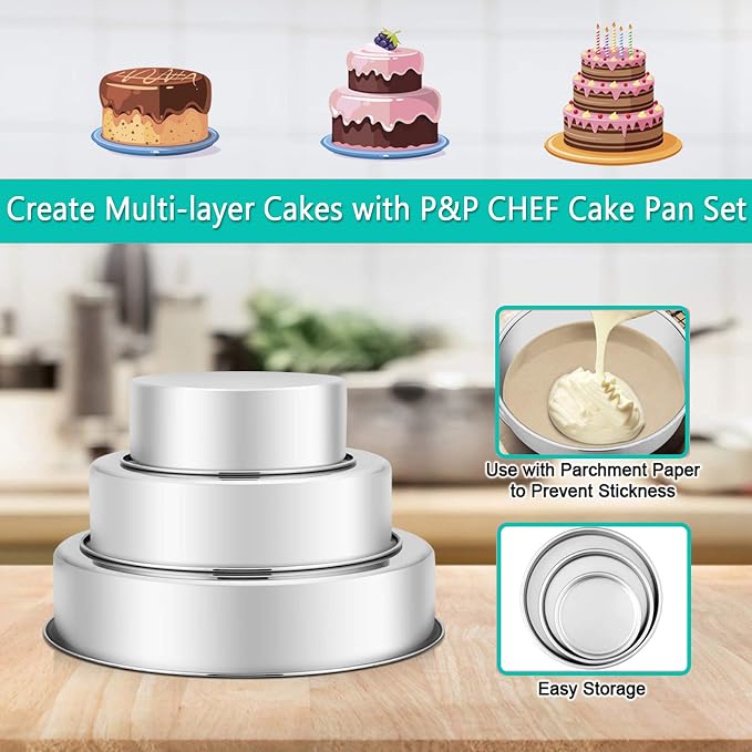 P&P CHEF Cake Pan Set of 3, 6" + 8" + 9.5" Round Baking Layer Cake Pan Tin | Stainless Steel & Mirror Finish, Bakeware for Birthday Weeding Anniversary, Heavy Duty & Non Toxic, Oven & Dishwasher Safe - Image 4