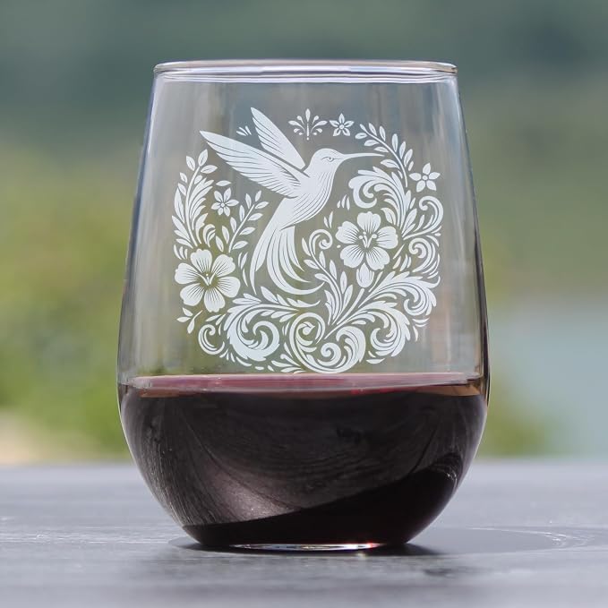 Hummingbird Floral Engraved 17oz Stemless Wine Glass, Etched Bird Flowers Glassware for Her, Nature Lover Present - Image 2