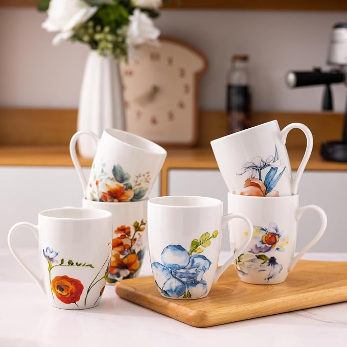 GBhome 12oz Coffee Mugs Set fo 6, Ceramic Coffee Mugs with Decaled Flowers for Man Woman Mom Dad, Light Weight Coffee Mugs Set for Latte/Cappuccino/Cocoa/Milk, Dishwasher & Microwave Safe - Image 6