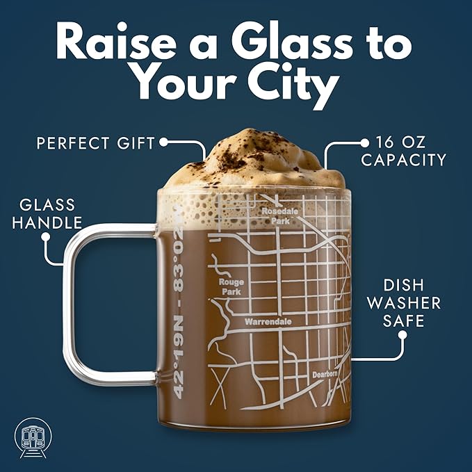 Greenline Goods – Detroit, MI Map Glass Coffee Mugs (Set of 2), 16 oz – Etched Wrap Design
