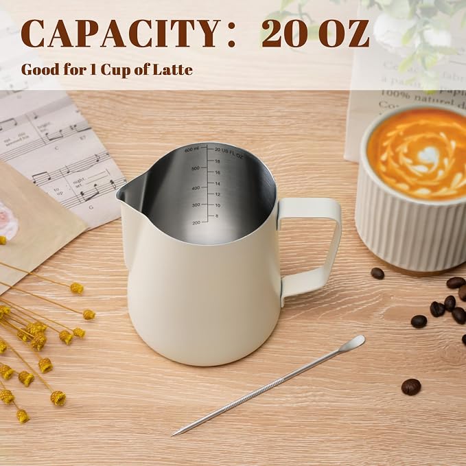 Amrules Milk Frothing Pitcher, 20oz Milk Frother Cup with Clear Scale, 304 Stainless Steel Cappuccino Espresso Machine Accessories for Barista Coffee Bar with Latte Art Pen, White - Image 4