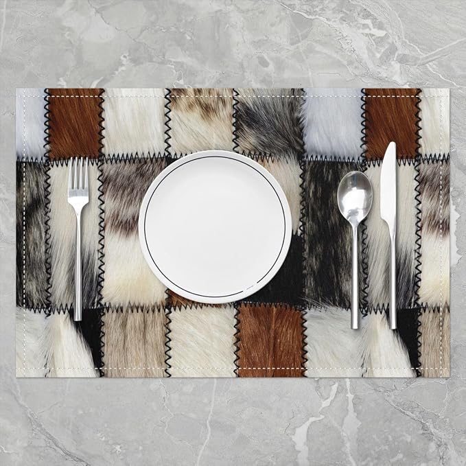 Feelyou 3D Cow Fur Print Placemats Set of 4 Western Farmhouse Animals Table Mats Cowhide Patchwork Plaid Place Mat for Kitchen Dining Table Party Decor Indoor Outdoor 18"x12" Non-Slip Easy to Clean - Image 2