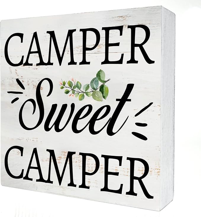 Camper Sweet Camper Wood Box Sign Home Decor Rustic Camping Quote Wooden Box Sign Block Plaque for Wall Tabletop Desk Home Decoration 5" x 5" by HDKY