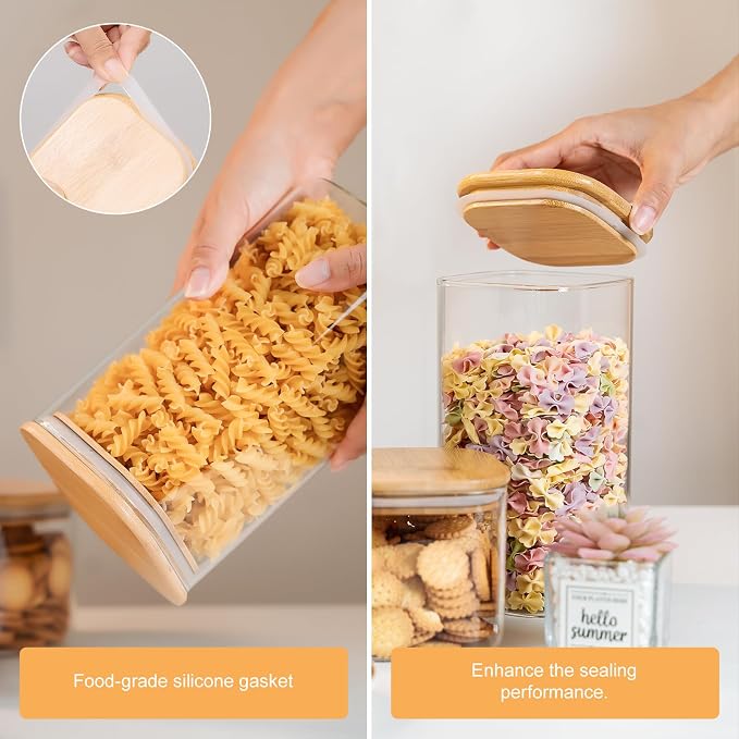 Glass Storage Jars 6 Pack -50oz (10cmx20cm)Clear Glass Food Storage Containers with Airtight Bamboo Lid Stackable Kitchen Canisters for Candy,Cookie,Rice,Sugar,Flour,Pasta,Nuts and Spice Jars(Square) - Image 2